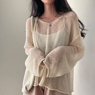 韓國chic夏季法式復古慵懶風寬鬆長袖鏤空薄款針織防晒罩衫上衣