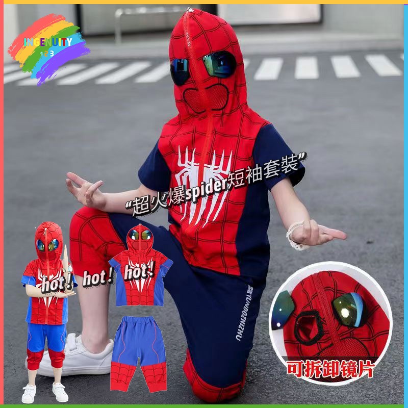 蜘蛛人衣服 蜘蛛人套裝 男童套裝  帶帽短袖套裝 兒童運動套裝  男童夏裝  cosplay 服裝動漫
