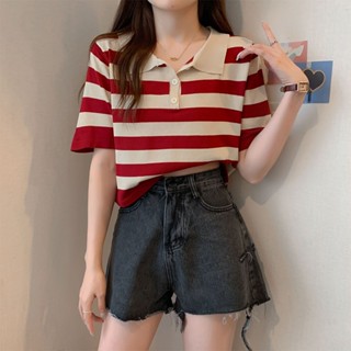 【JODIES】2色 S-XL polo領短袖T恤女 夏季新款條紋針織衫 學生韓版寬鬆短款短袖上衣 百搭女裝衣服