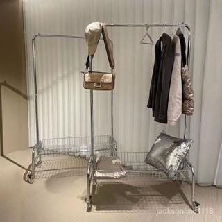 【優選】服裝展示架掛衣架落地臥室簡易晾衣服置物架多功能帶籃推車衣帽架衣架 曬衣架 簡易衣櫃 掛衣架