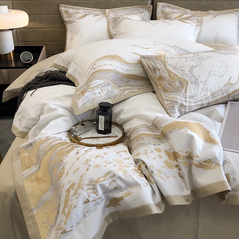 免運 歐美款抽象美學100支長絨貢緞純棉床包組 素色床單被套枕套 專櫃品質 ikea床墊尺寸 雙人床包 雙人