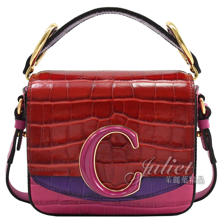 【茱麗葉精品】CHLOE 新款 金屬C Mini鱷魚紋手提單肩方包.紅/紫 現貨在台