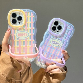 波浪隱形支架 HAPPY英文格紋鐳射手機殼 適用於iPhone14 13 12 11 pro max xsmax xr漸