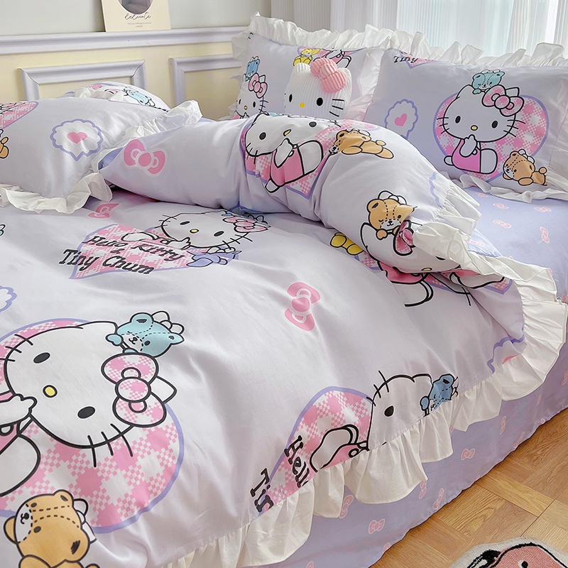 免運 現貨 凱蒂貓床包 兒童女孩卡通四件組 ins全純棉 單人/雙人加大床單 被套枕頭套 防滑全包床罩組