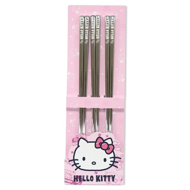 【現貨】小禮堂 Hello Kitty 不鏽鋼方形筷子3入組 23cm (銀文字款)