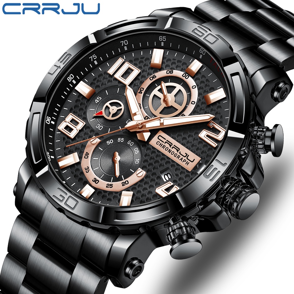 原裝 CRRJU 男士手錶防水多功能計時軍用不銹鋼頂級品牌豪華運動石英 2297 X