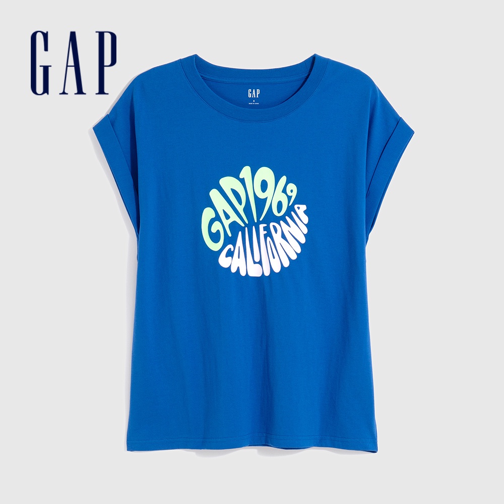 Gap 女裝 Logo印花寬鬆無袖T恤 厚磅密織親膚系列-藍色(659473)