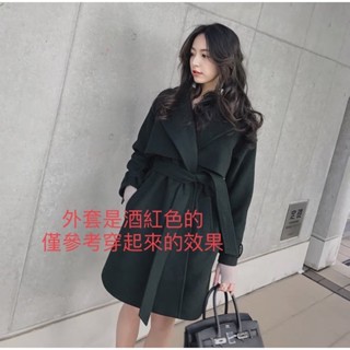 女生酒紅色櫻桃紅風衣款毛呢大衣冬天外套韓版日系歐美重磅保暖厚實翻領百貨等級高質感英倫風防風chic中長款氣質綁帶寬鬆