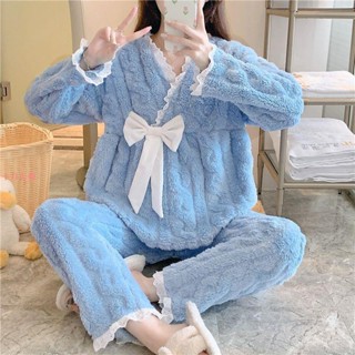 睡衣女秋冬季套頭珊瑚絨加絨加厚保暖家居服孕婦法蘭絨月子服套裝 月子服 哺乳睡衣 產後餵奶哺乳衣 居家服長袖長褲 MA14