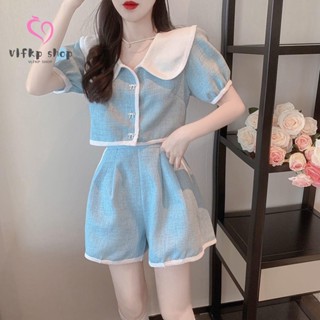 【Vlfkp shop臺灣出貨】 時尚套裝簡約兩件套 2023年季藍色小香風娃娃領上衣闊腿短褲女鹽系炸街新款單件/套裝