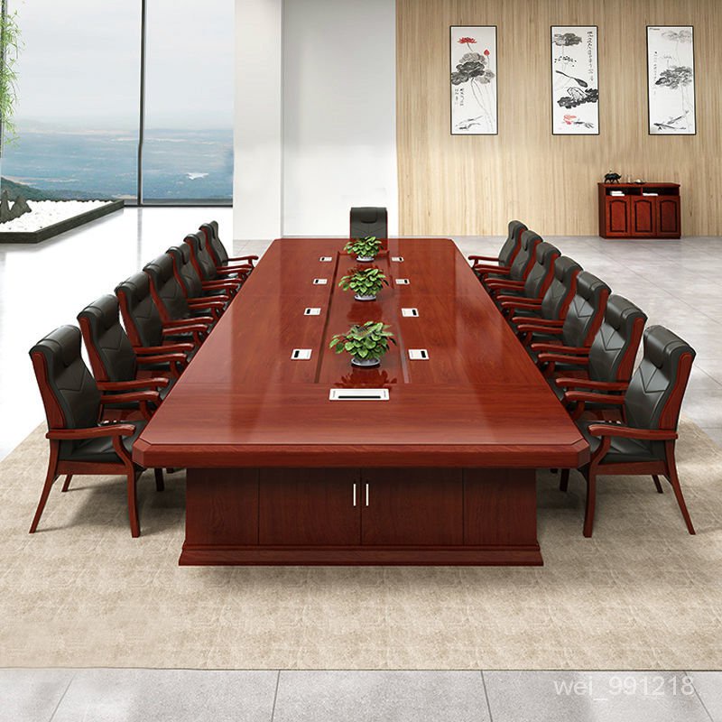 烤漆中式油漆大型會議桌實木長桌會議桌會議室單位桌椅開會桌組閤 ESDR