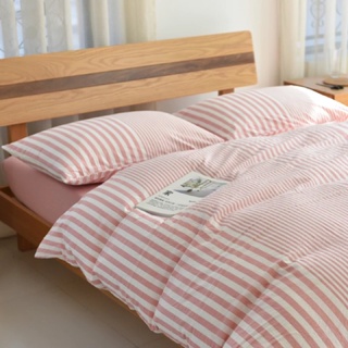 免運 日式水洗棉條紋床包組 床單被套枕套 專櫃 素色 日式 粉色 純棉 單買 特大床包組 6*7
