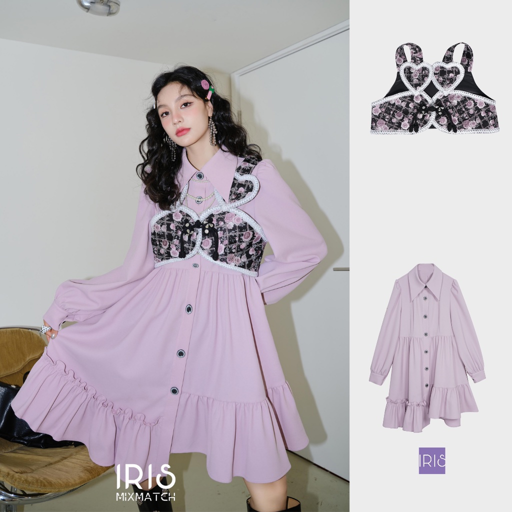 IRIS BOUTIQUE 泰國製造 小眾設計品牌 春新款Love Confession套裝紫色洋裝碎花刺繡馬甲