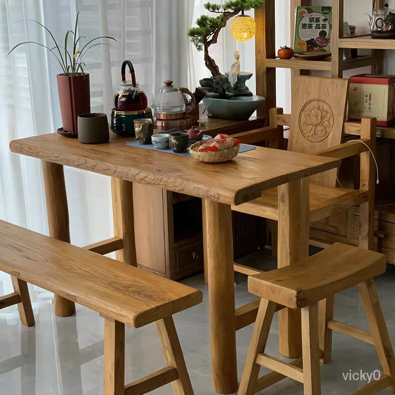 老榆木門板桌 複古懷舊風化木板原木板實木茶桌 茶臺 陽臺桌椅 吧臺