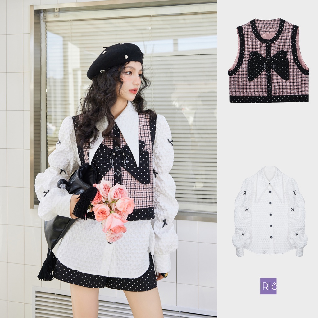 IRIS BOUTIQUE 泰國製造 小眾設計品牌 春新款Tenderness vest 拼色格紋蝴蝶結馬甲