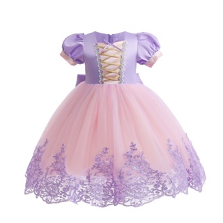 0-5歲女嬰 Cosplay表演洋裝長髮公主蓬蓬洋裝網紗蕾絲拼接蝴蝶結禮服一週歲生日派對禮服