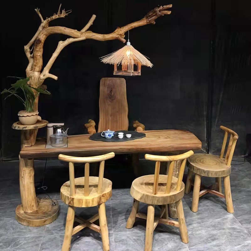 廠直/香樟木茶桌家用小茶臺套裝家具原木色生態茶幾實木陽臺茶桌椅組合