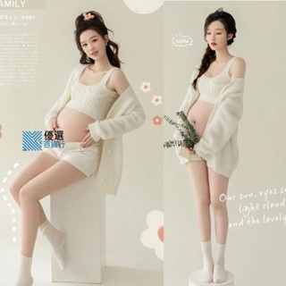 ⭐精品熱銷款⭐孕婦拍照服裝情侶寫真時尚白色吊帶針織唯美藝術照清新大肚媽咪照孕婦攝影裝藝術照服寫真服-優選18