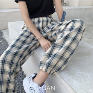 長褲 褲子 運動褲 縮口褲 格紋 束口褲 格紋褲子 藍色格子褲女夏季薄款2022新款防蚊燈籠涼涼休閑褲寬松束腳運動褲