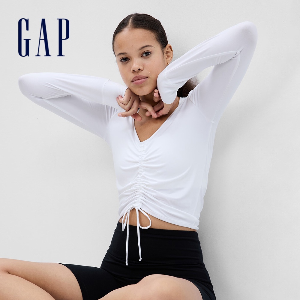 Gap 女裝 彈力抽繩V領運動長袖T恤 GapFit系列-白色(598240)