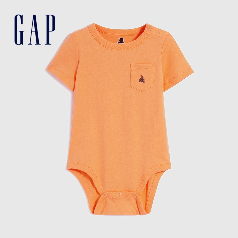 Gap 嬰兒裝 純棉小熊刺繡短袖包屁衣 布萊納系列-橙色(599760)