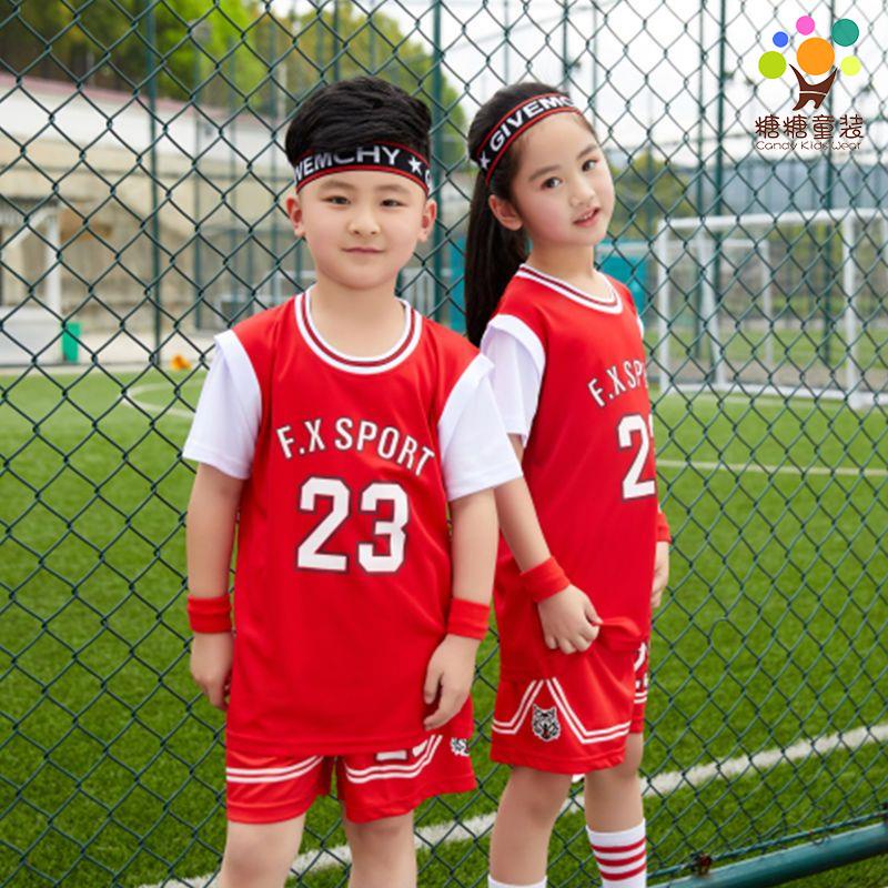 兒童籃球服 運動服 兒童籃球服套裝短袖假兩件幼兒園演出服小學生訓練服女孩球衣
