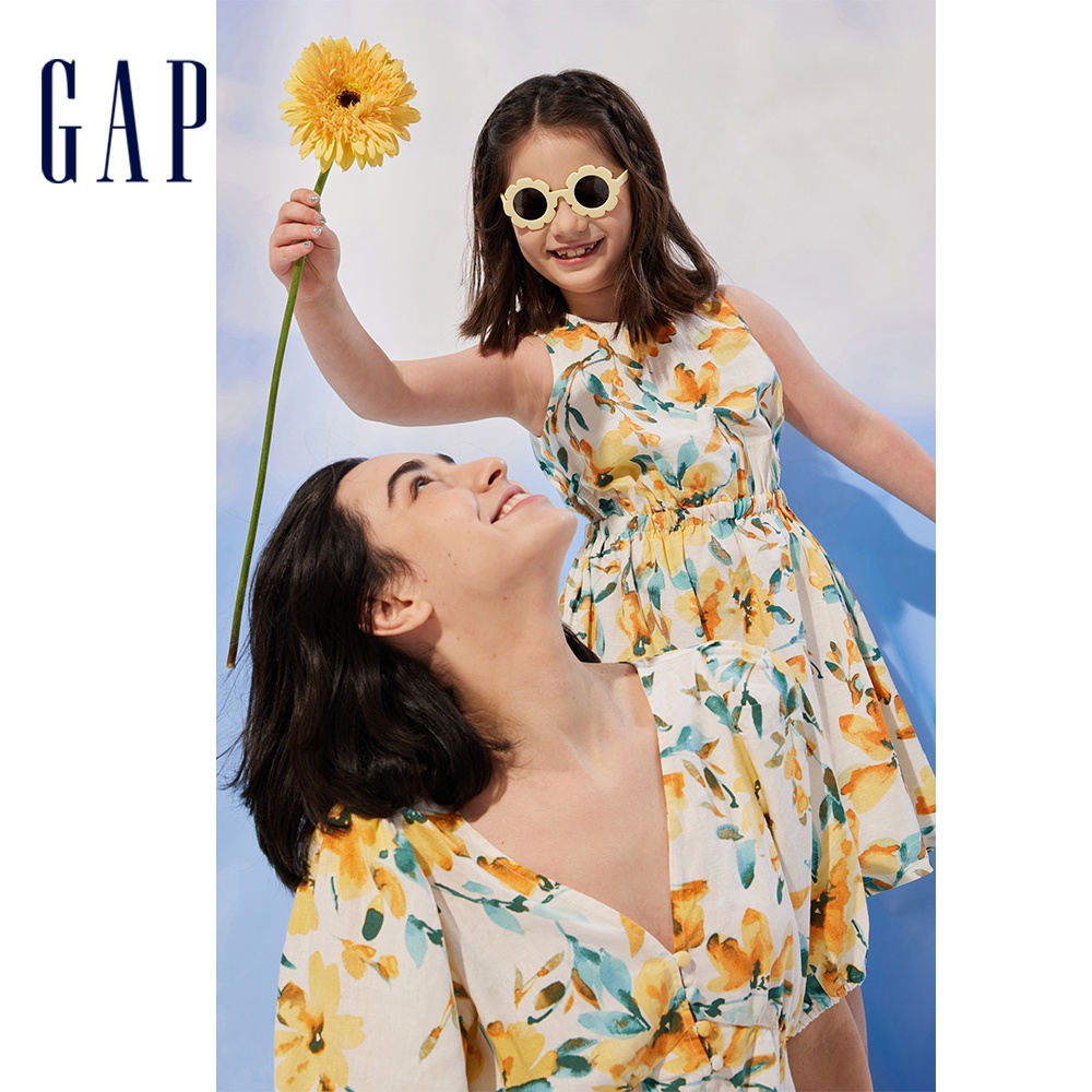 Gap 女童裝 印花圓領無袖洋裝-黃色花朵(601083)