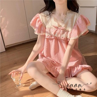 Xuan♥ 法式高階感蕾絲公主風睡衣女夏季薄款短袖睡裙女款家居服夏兩件套