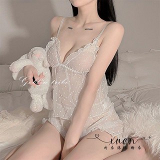 Xuan♥ 2023年新款欲純雪紡吊帶睡衣女甜美蕾絲家居服性感誘惑兩件套夏