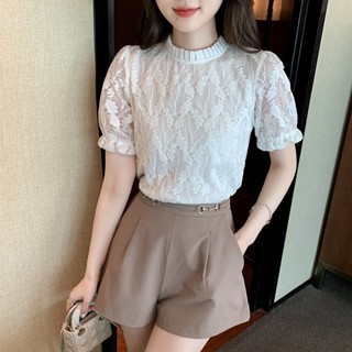 愛依依 短袖T卹 上衣 打底衫 小衫 S-2XL新款泡泡袖超仙上衣女短袖木耳邊蕾絲打底衫洋氣襯衫T227D-2096.