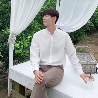 2023夏季冰絲高階感襯衫男長袖 夏裝新款復古素色立領長袖襯衫男 潮流襯衫