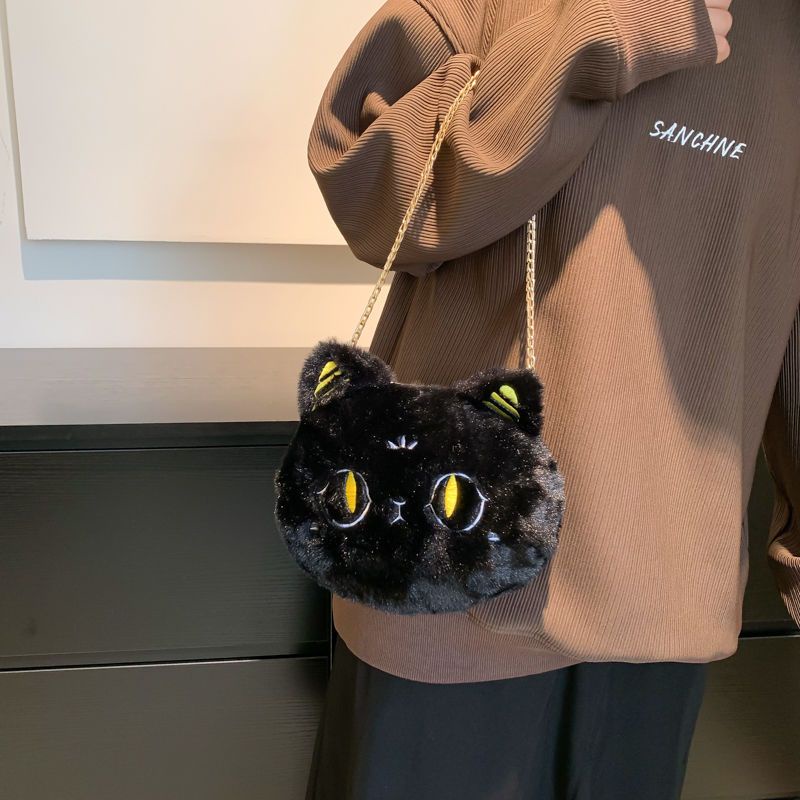 大英博物館安德森貓可愛斜挎小包手機包毛絨貓頭刺繡單肩包包女