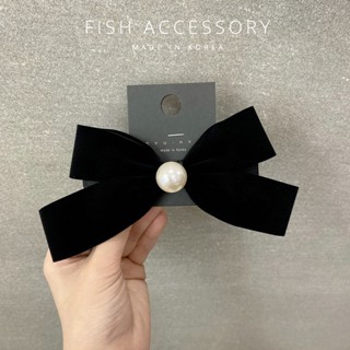 【Fish ACC】韓國進口復古優雅黑色絲絨珍珠蝴蝶結氣質彈簧夾後腦勺髮夾髮卡230302-3