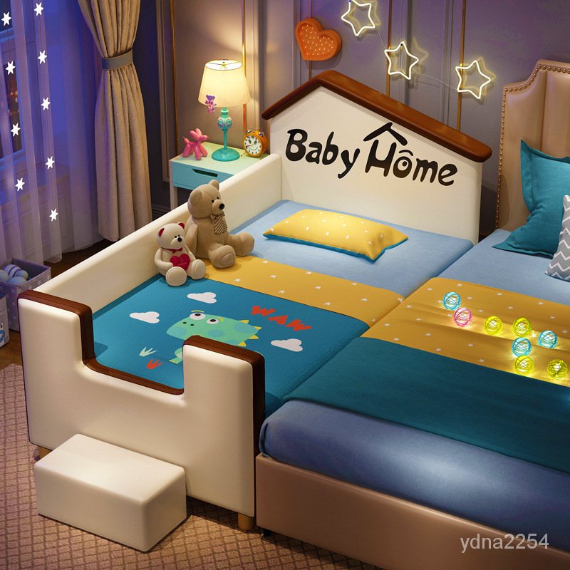 【Baby專屬】山姆傢具卡通兒童床拚接女孩男孩帶護欄加寬公主單人小床歐式嬰兒寶寶皮床嬰兒床 嬰兒拚接床 帶護欄兒童床