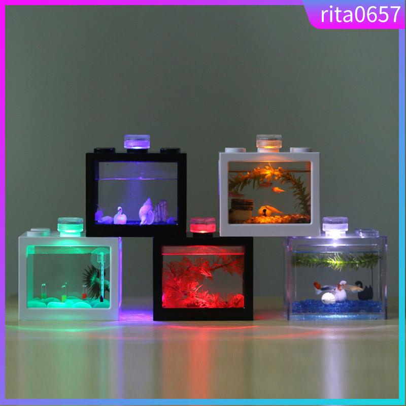 Mini Aquarium Block Tank with LED Lighting Bulb Betta Guppy