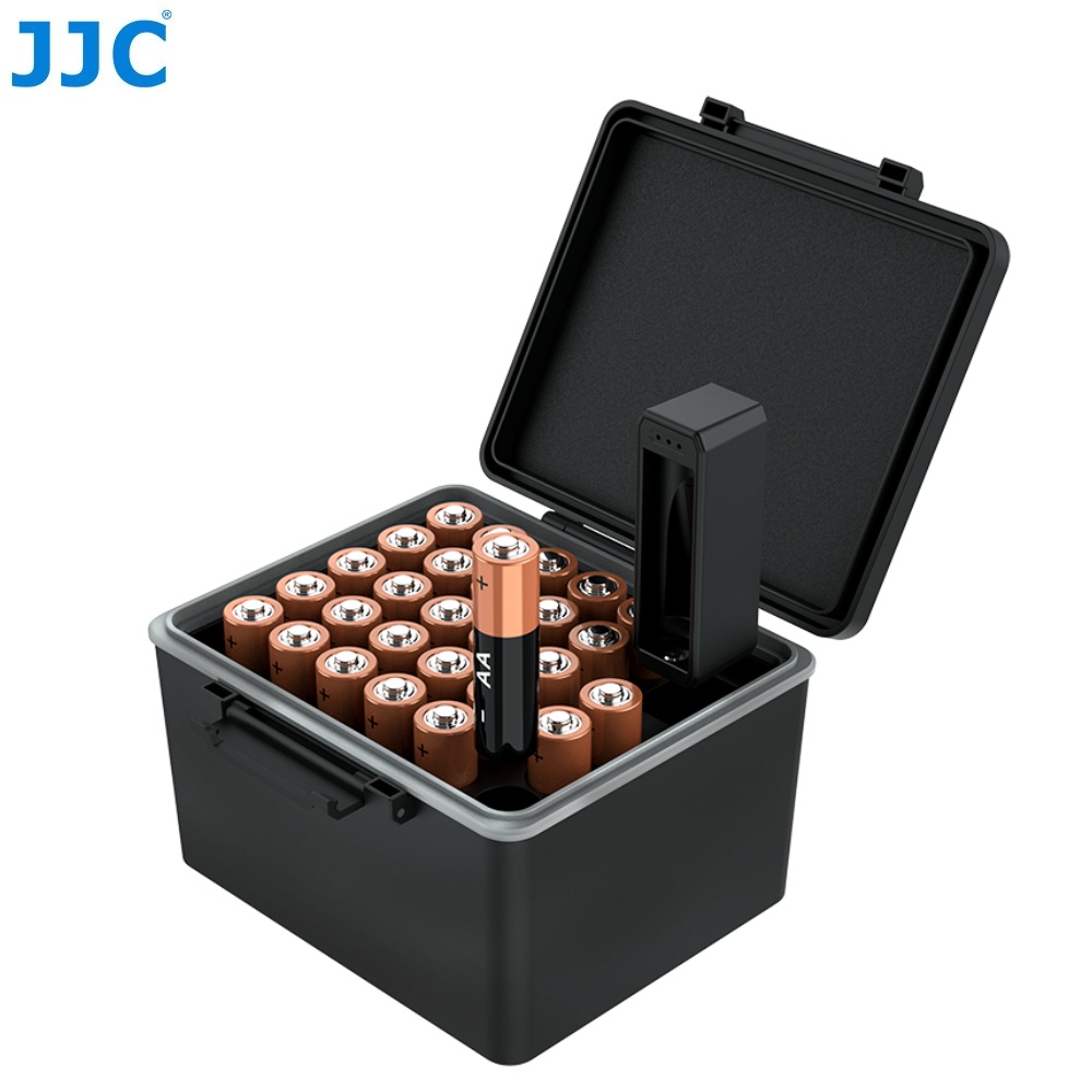 JJC AA電池收納盒帶電量檢測機 大容量可豎直收納28顆AA電池（5號電池）防水濺防塵電池保護盒