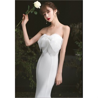 白色晚禮服裙女2022秋冬輕奢小眾高階名媛性感抹胸一字領無袖露背氣質主持人魚尾長裙 婚禮洋裝伴娘服 輕婚紗 尾牙派對禮服