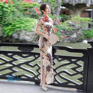 【低價】表演服 跳舞服裝 古典舞旗袍 民族舞蹈服 新款夏季網紗旗袍女改良洋裝敬酒服中國風彈力緊身長款古早/優選精品23