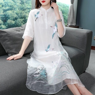 民族風刺繡女裝 大尺碼寬鬆茶服藝文復古改良版旗袍式洋裝