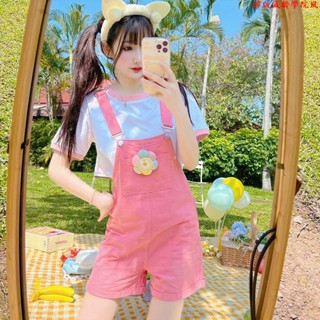 韓版減齡學院風✨甜美粉色少女心立體小花牛仔背帶短褲設計感小眾減齡元氣百搭短褲