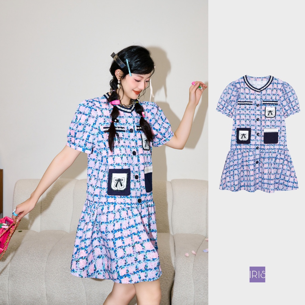 IRIS BOUTIQUE 泰國製造 小眾設計品牌 夏季新品 波西米露格紋短袖洋裝刺繡女