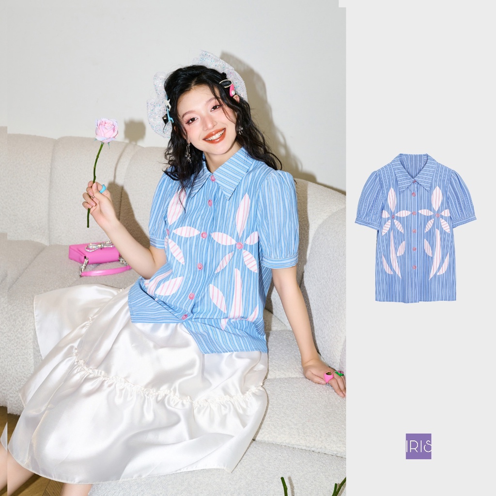 IRIS BOUTIQUE 泰國製造 小眾設計品牌 夏季新品 藍色短袖恰好這朵條紋襯衫女