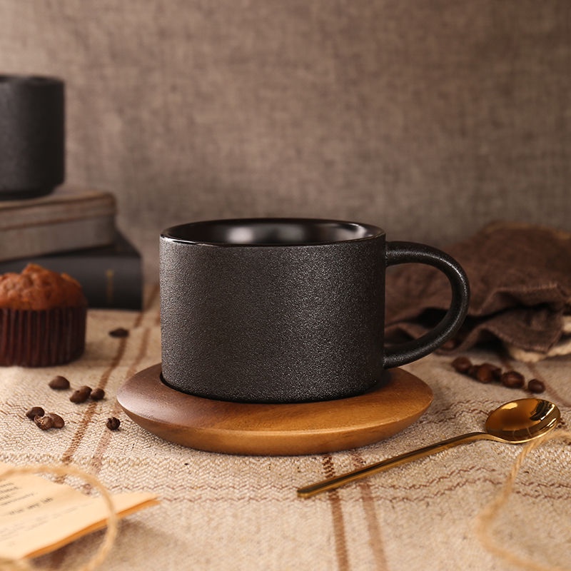 歐式輕奢陶瓷咖啡杯配底座黑色磨砂馬克杯配勺簡約創意咖啡廳杯子咖啡杯顏值防摔