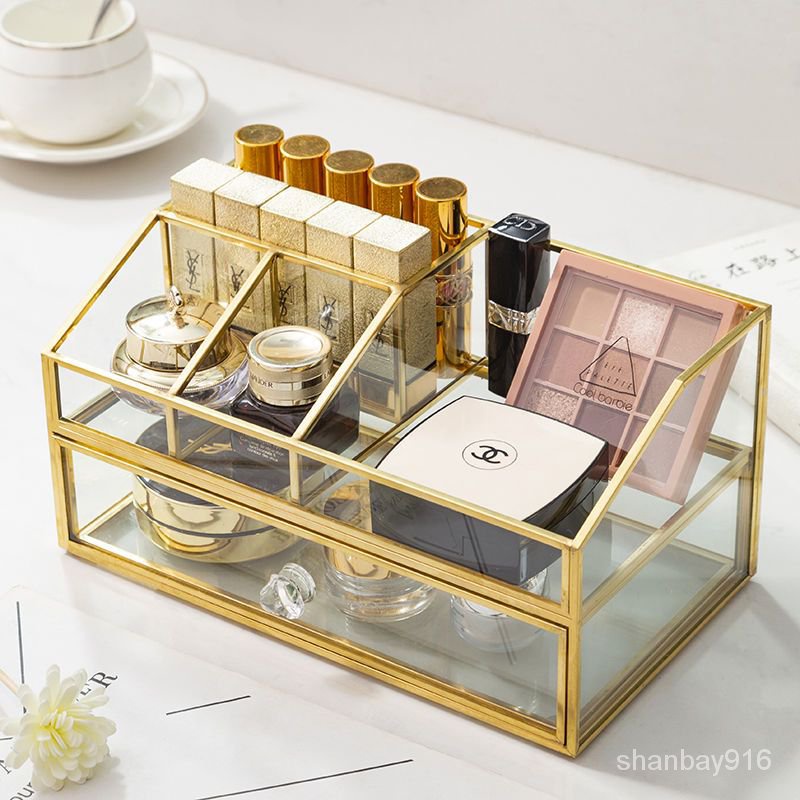 歐式黃銅小號透明玻璃化妝品收納盒護膚品香水口紅粉餅桌麵置物架 0KXB