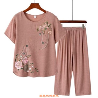 靚麗媽媽服裝 睡衣 女夏季短袖兩件套夏天純棉麻中老年媽媽套裝女士家居服可外穿