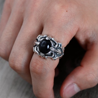 s925純銀指環 復古泰銀 十字軍花黑瑪瑙個性男士戒指食指大氣禮物