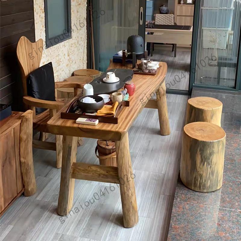 免運 定制 實木茶桌椅組合香樟木茶幾大板桌原生態餐桌椅自然邊桌子陽臺茶臺