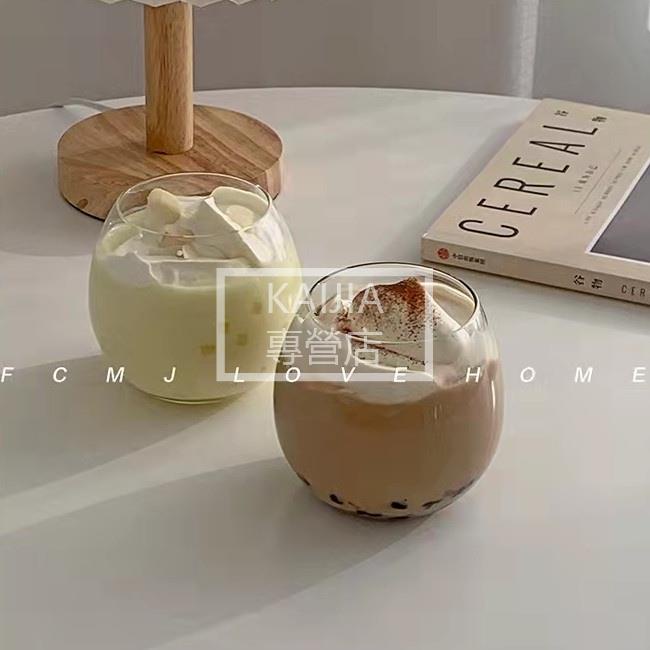 🎈台灣出貨🎈ins圓形簡約可愛胖胖水晶玻璃隔熱咖啡杯 早餐杯飲料杯牛奶優格杯 甜品杯