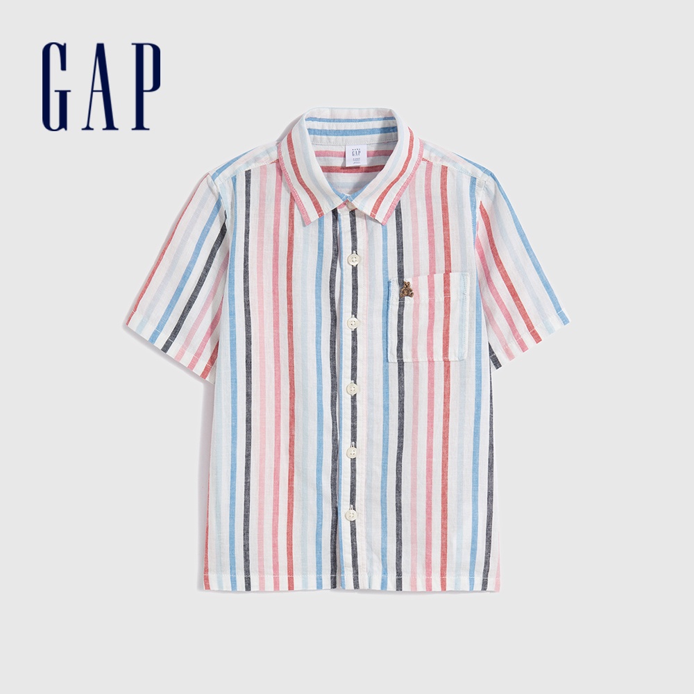 Gap 男幼童裝 亞麻小熊刺繡短袖襯衫-多色條紋(668081)