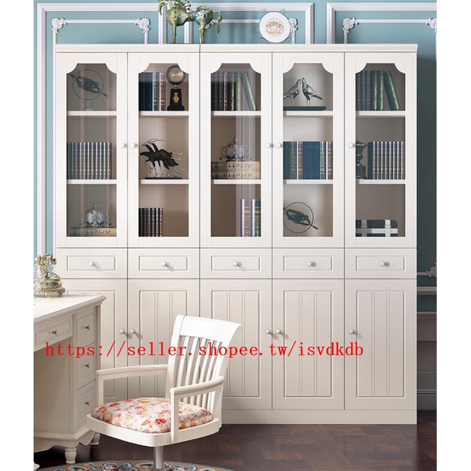 下殺 新品 代客組裝 低價歐式 玻璃落地實木書櫃帶門 防塵帶玻璃門 書櫥 背景墻大單個書架 白色